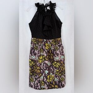 Milli of NY mini sheath dress,black lace ruffled top,floral print silk skirt.Sz6